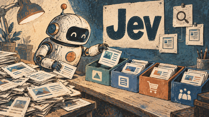 Jevの文字を背景に、ページのカードを分類用のトレーへ仕分けるロボット