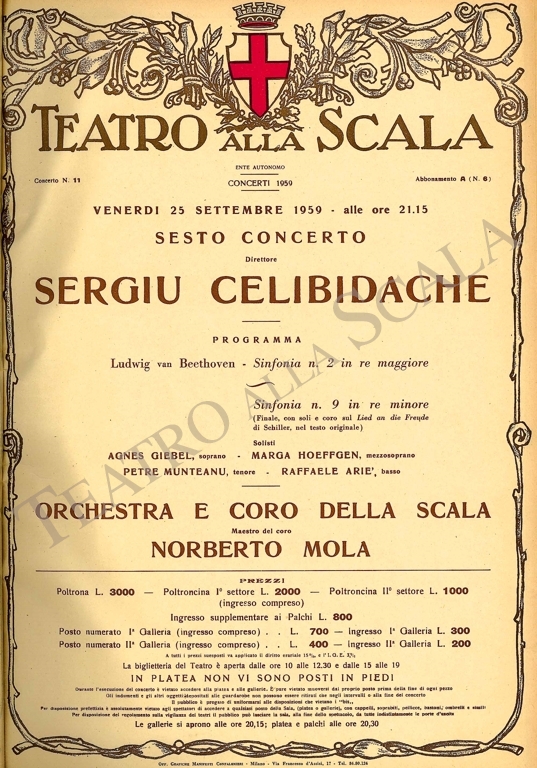 Playbill CONCERTO SERGIU CELIBIDACHE/BEETHOVEN - Archivio La Scala Playbill CONCERTO SERGIU CELIBIDACHE/BEETHOVEN - Archivio La Scala