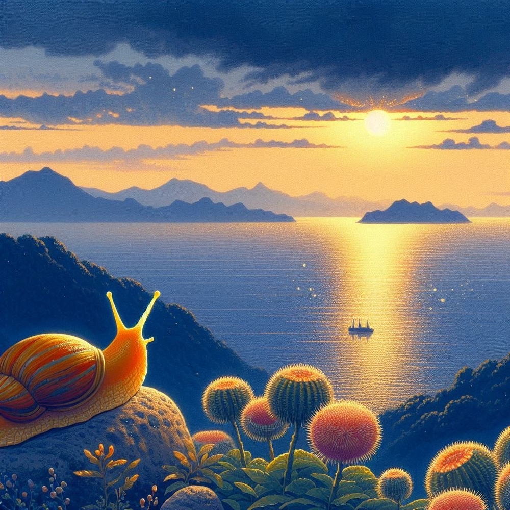 夕暮れの海を見つめるカタツムリ