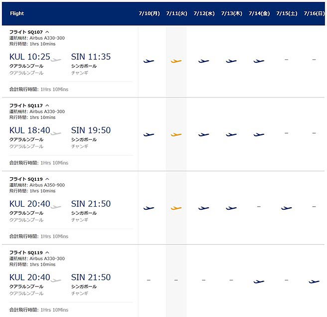 SQ時刻表クアラルンプール