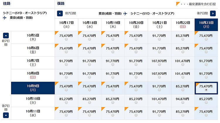 ANA シドニー発東京いき運賃