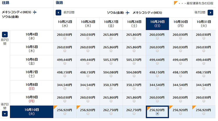 ANAメキシコシティ発券　ソウル行き