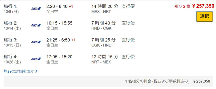 ANAメキシコシティ発券　ジャカルタ行き詳細