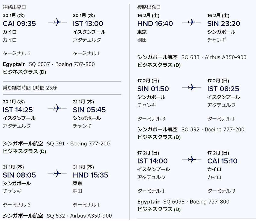 カイロ発ビジネスクラス東京運賃