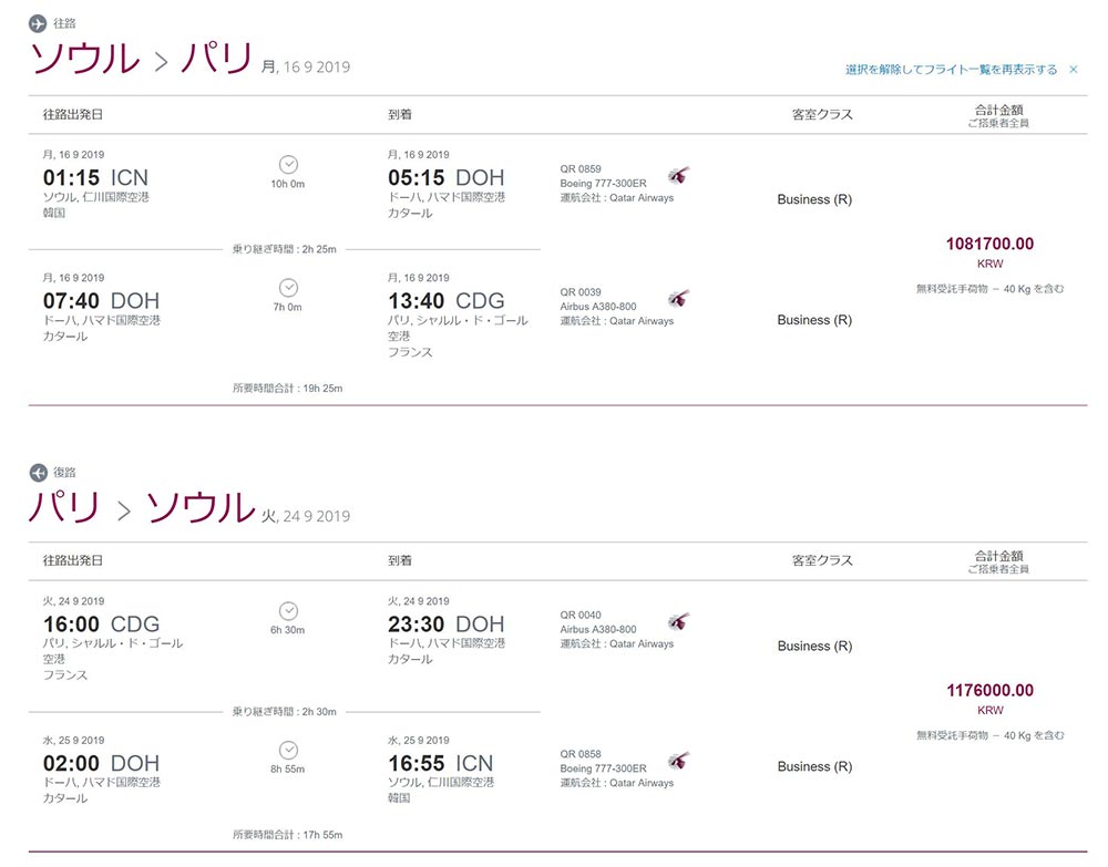 カタール航空ビジネスクラスプロモーション旅程