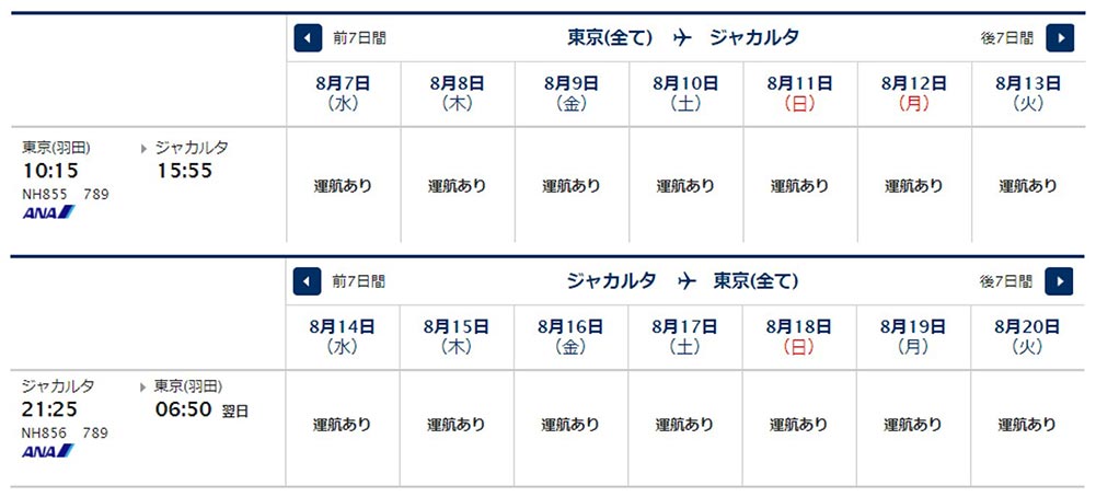 ANAジャカルタ線時刻表