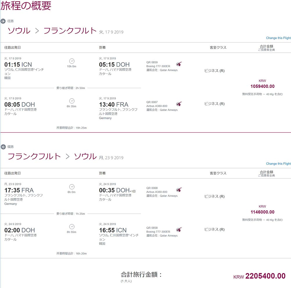 カタール航空旅程