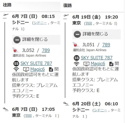 プレミアムエコノミー旅程