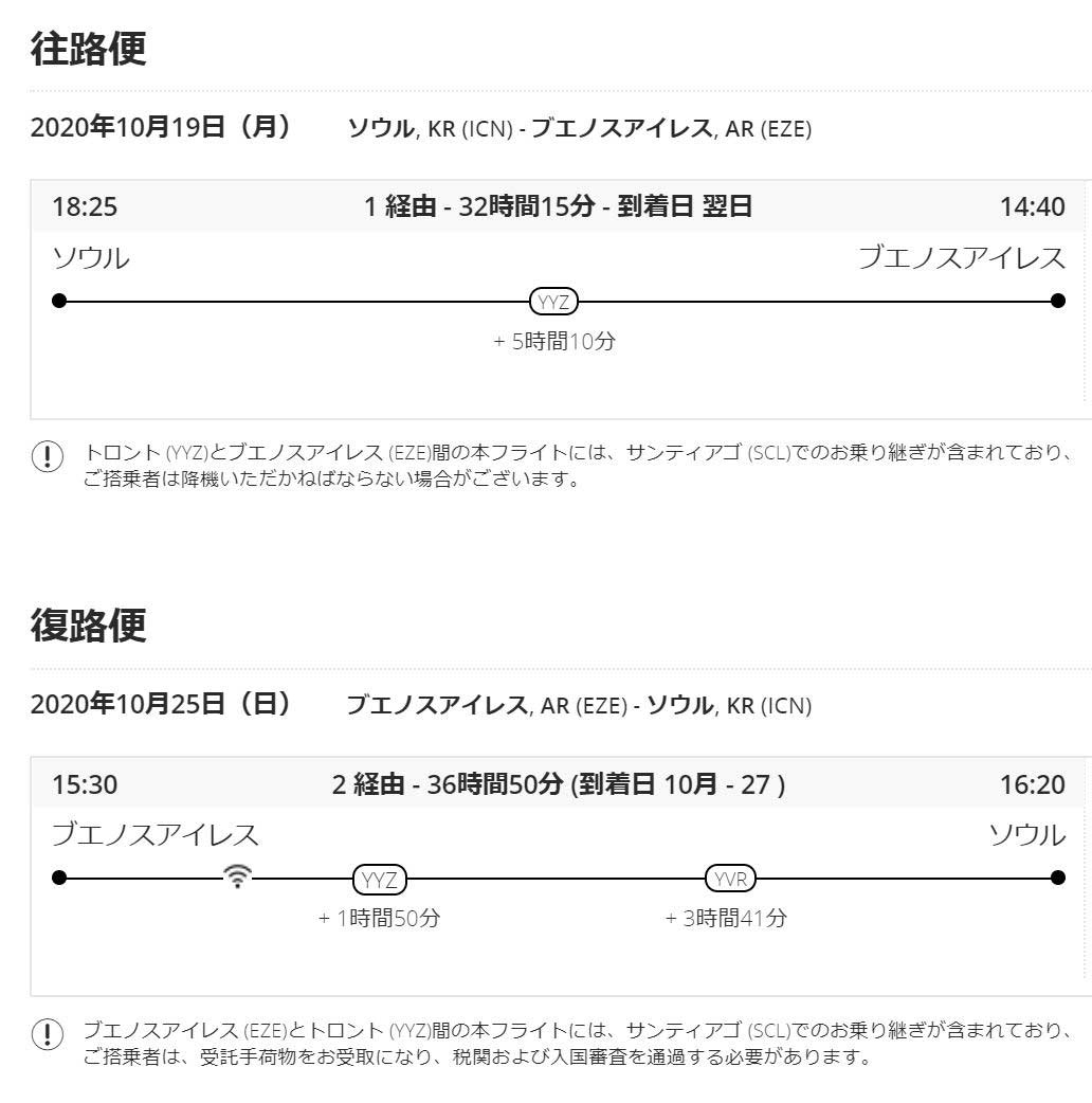 エアカナダビジネスクラス旅程