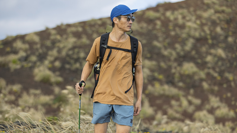 Hiker wearing Yamatomichi Chemical B Pocket T-shirt