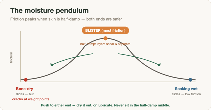 The moisture pendulum: bone-dry and soaking-wet skin both slide; half-damp skin has the most friction and causes blisters, while too-dry skin cracks
