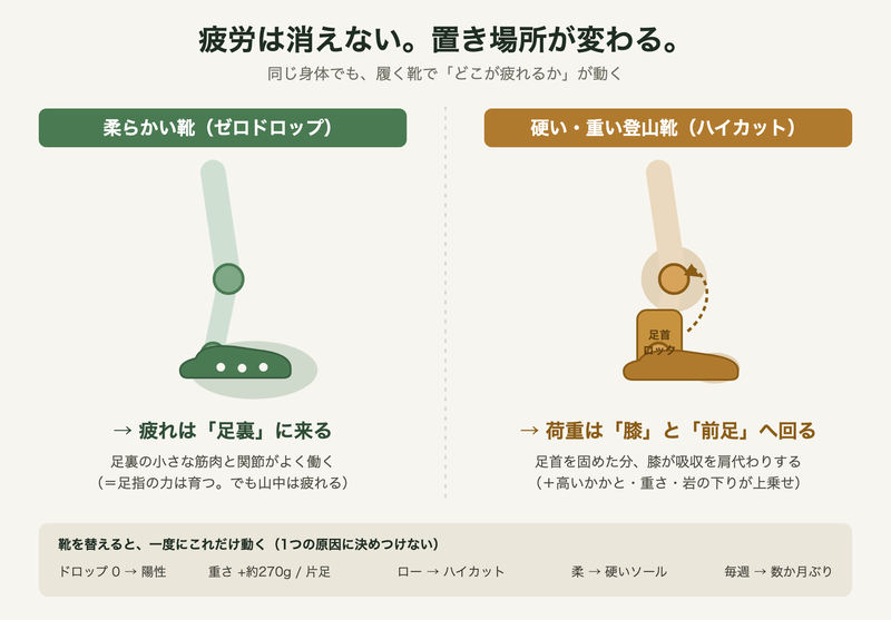 柔らかいゼロドロップ靴は足裏を、硬い登山靴は足首をロックして膝と前足を疲れさせることを、脚の図と6つの変化で示したインフォグラフィック