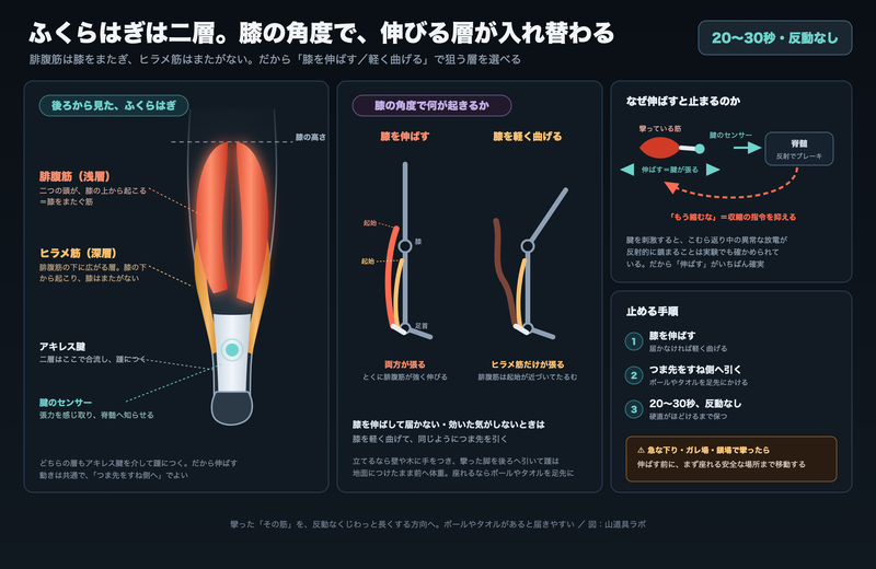 後ろから見たふくらはぎの解剖図。浅層の腓腹筋は膝の上から起こって膝をまたぎ、深層のヒラメ筋は膝の下から起こる。両者はアキレス腱で合流して踵につくため、膝を伸ばすと腓腹筋、軽く曲げるとヒラメ筋が伸びる