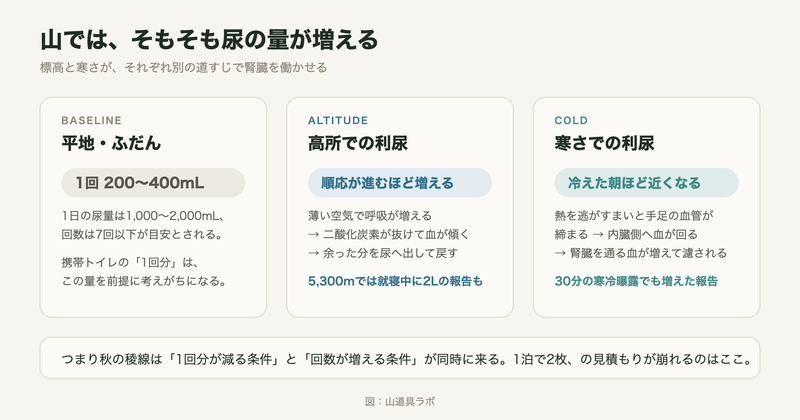 平地・高所・寒冷の3つで尿量の増え方と機序を比べた図