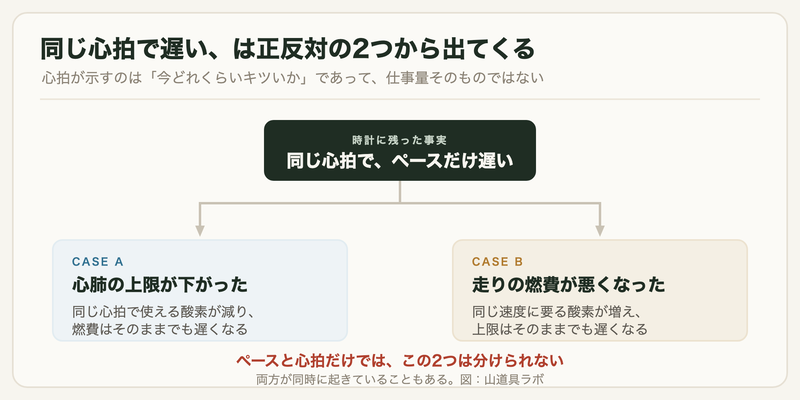 同じ心拍でペースが遅いという観測が、心肺の上限低下と走りの燃費悪化の両方から生じることを示す分岐図