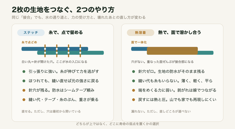 縫製と熱溶着で、針穴・荷重の受け方・修理のしやすさがどう変わるかを比べた図