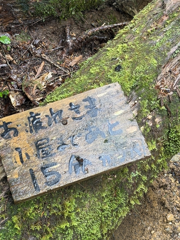 苔の上に置かれた木の看板。「お疲れさま 小屋まであと15分」と手書きしてある