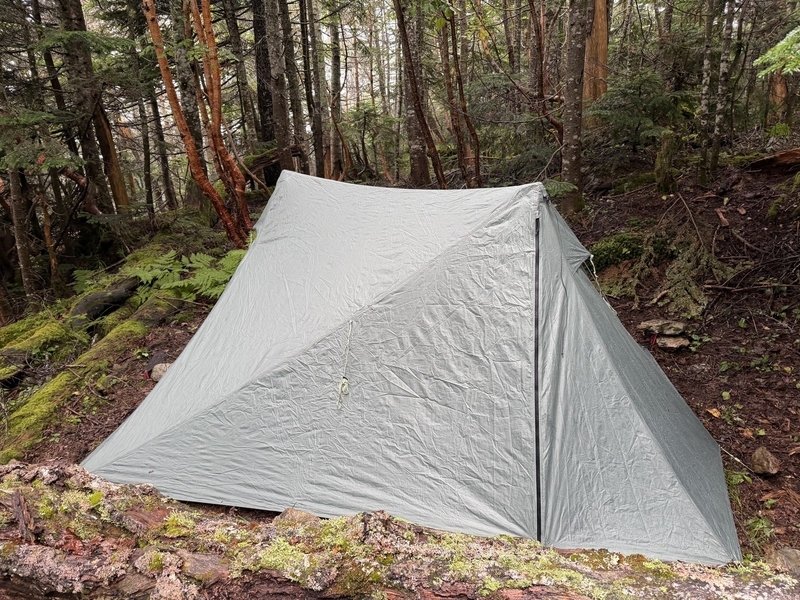 雨に濡れた針葉樹の林の中に張られた、灰色のDurston X-Mid 1 Solid