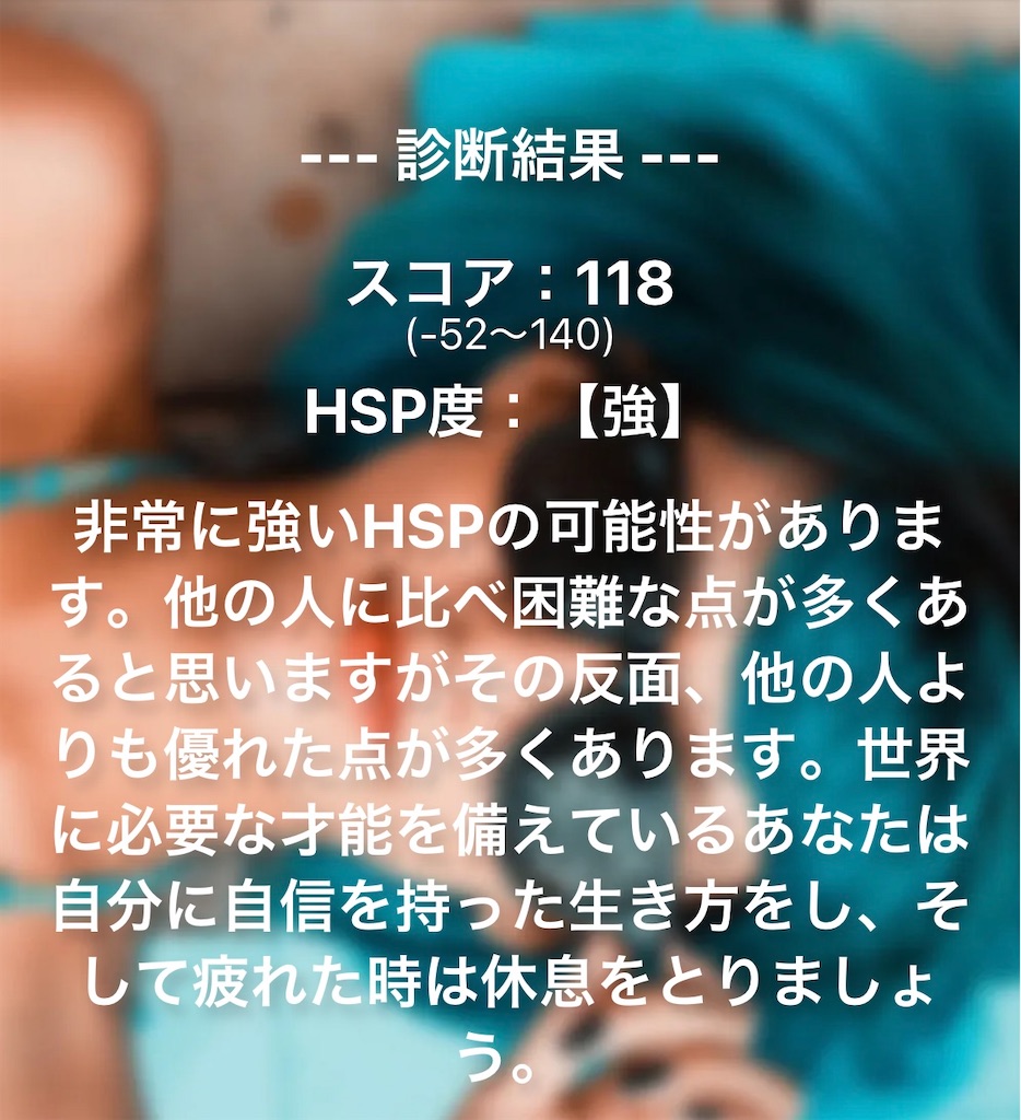 HSPの診断結果が載せられている。スコアは118。HSP強度【強】