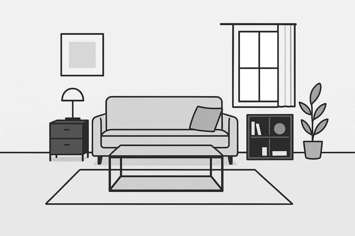 モノトーンの家具が理路整然と置かれている