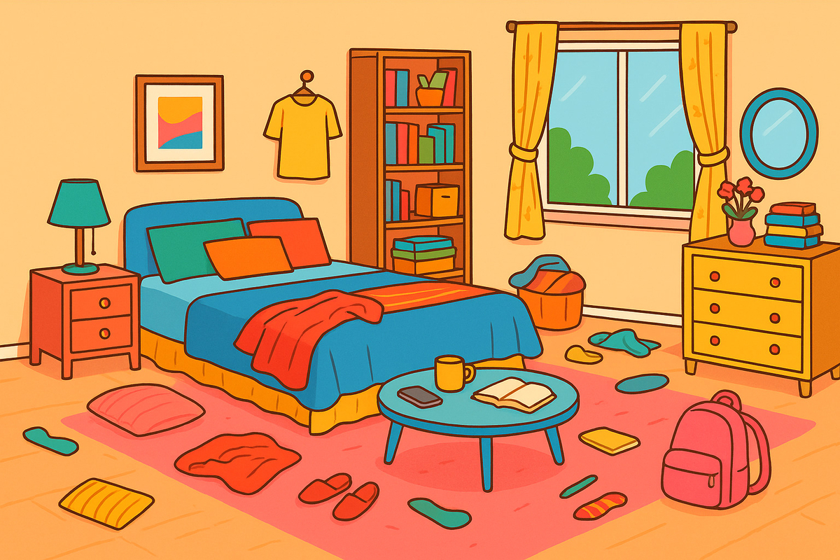 カラフルな部屋にカラフルな家具や衣類が散らかっている