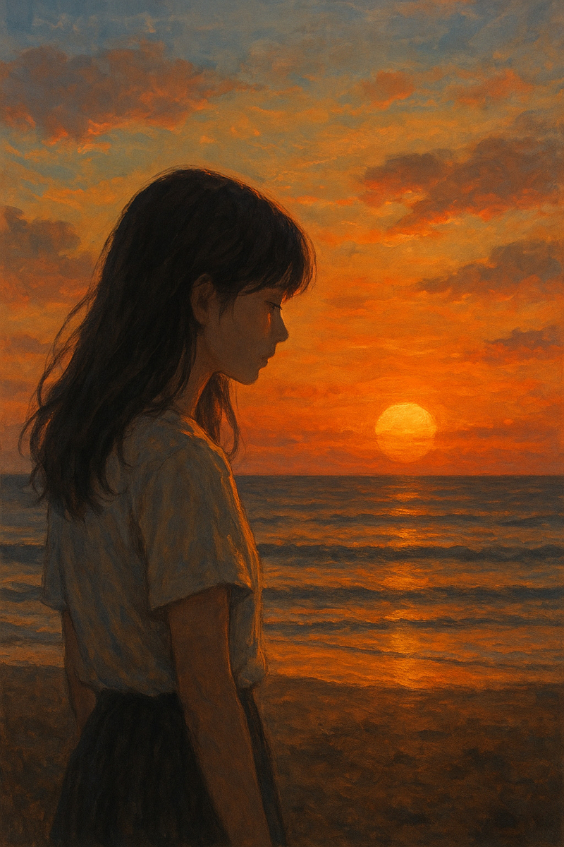 浜辺で佇む女子高生と、水平線に太陽が沈みかけているイラスト