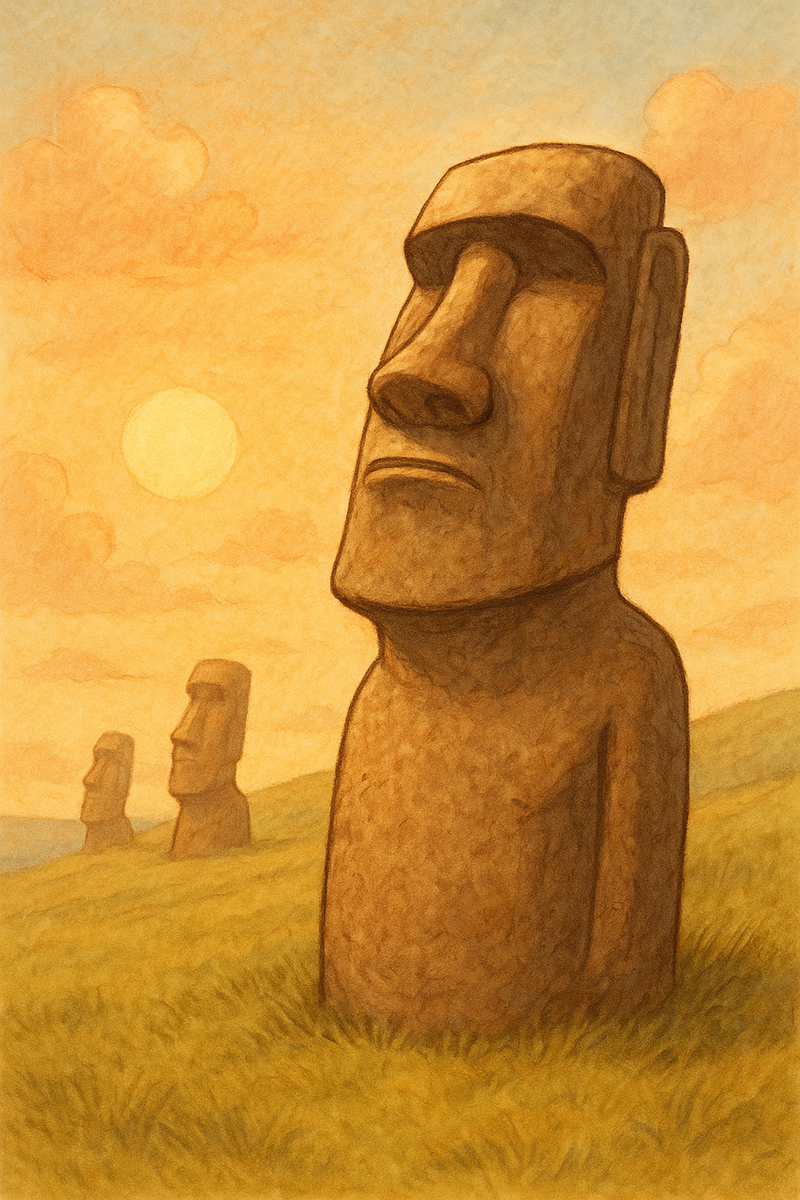 夕焼けの空に立つモアイ像