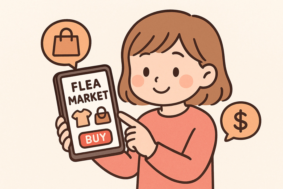 スマホを使ってフリマアプリで買い物をする女性