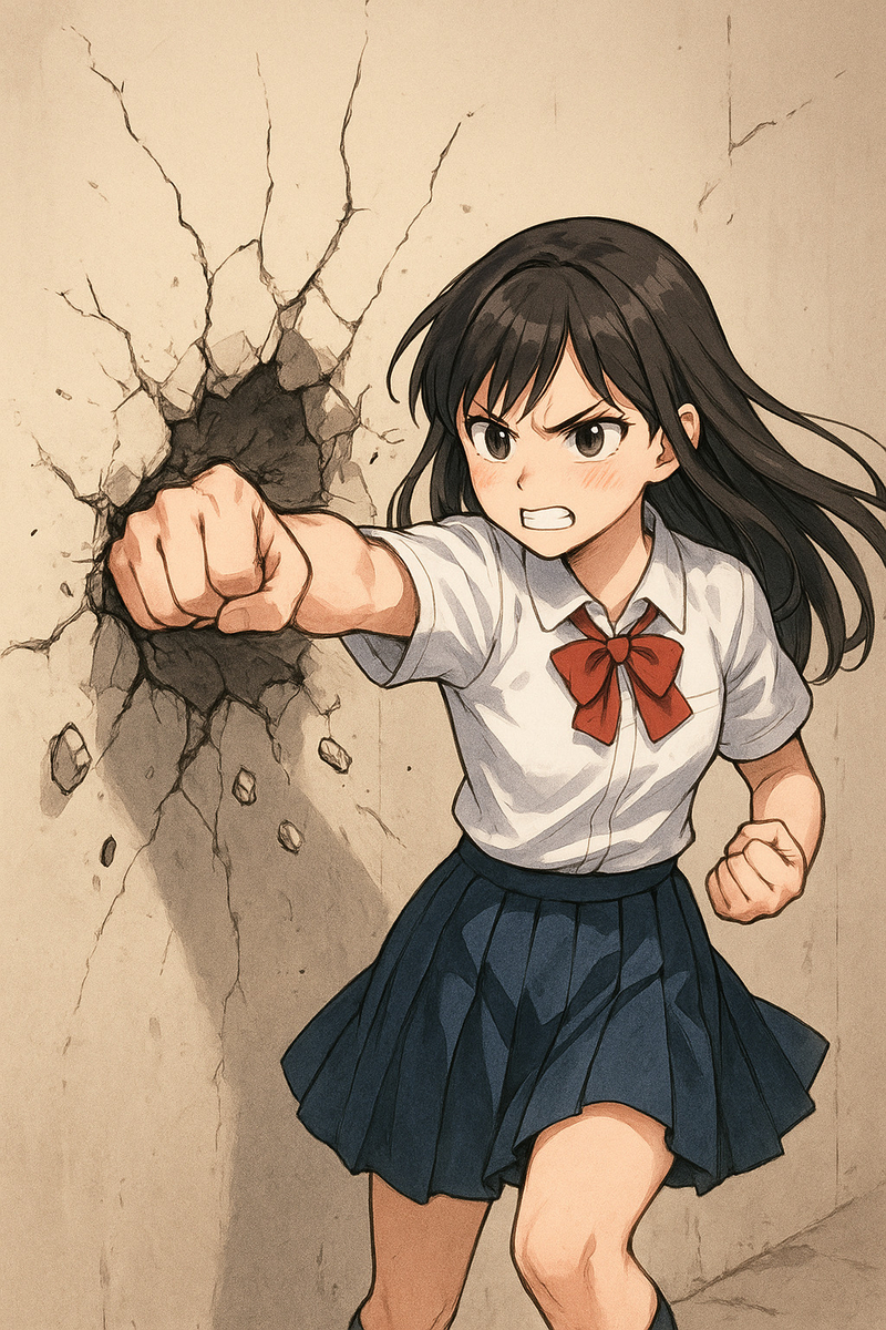 女子高生が壁に向かってパンチを繰り出しているイラスト