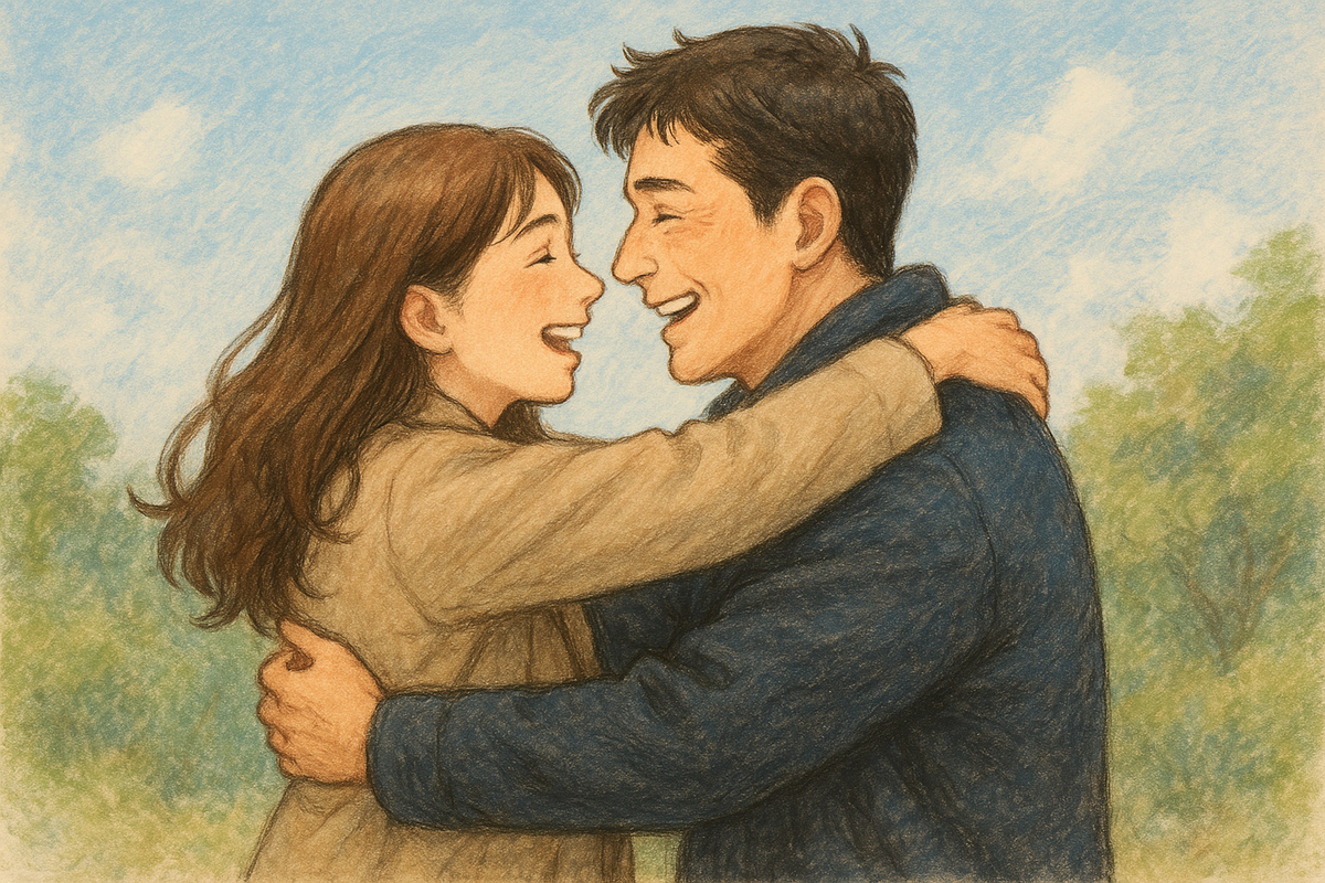 再会を喜び抱きしめあう男女の二人