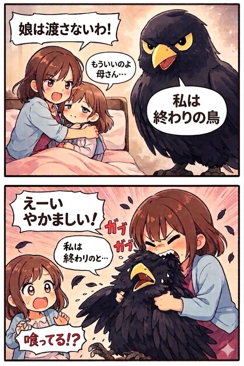 映画『終わりの鳥』2コマで説明。現れた死を呼ぶ鳥を母親が食べている