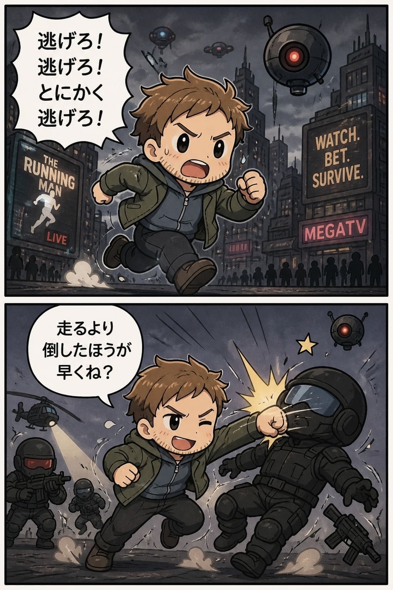映画『ランニング・マン』を2コマイラストで説明