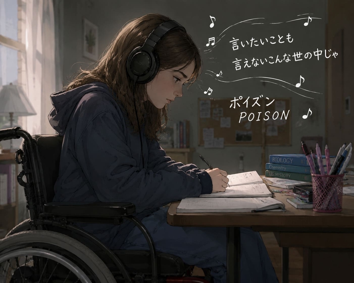 車椅子に座って音楽を聴きながら勉強しているクロエ