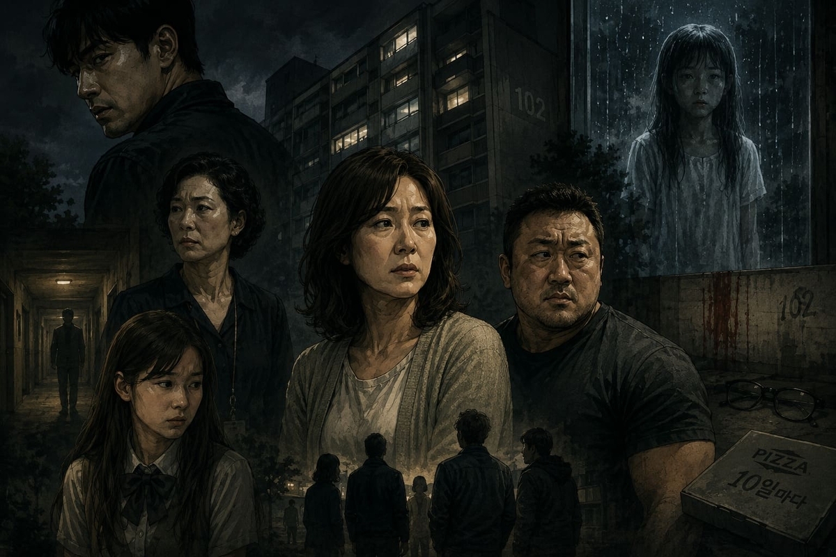 映画『隣人 -The Neighbors-』のイメージイラスト。夜のアパートメントと幽霊の少女