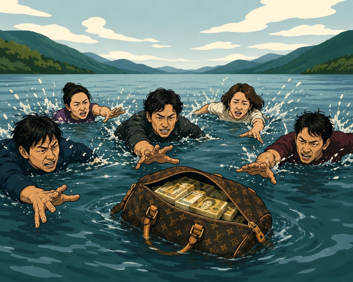 韓国映画『藁にもすがる獣たち』イメージイラスト競争する泳ぎとお金の追跡