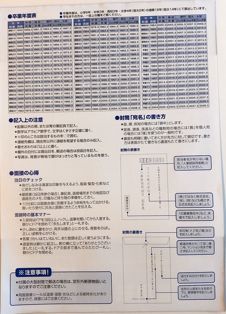 セブンイレブンで売っている履歴書の卒業年度早見表