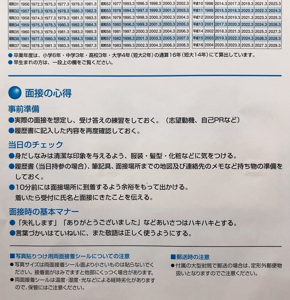 ローソンで売っている履歴書用紙パート・アルバイト用の面接の心得