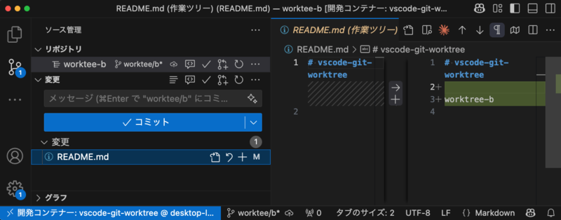 worktree-bのウィンドウのコード変更