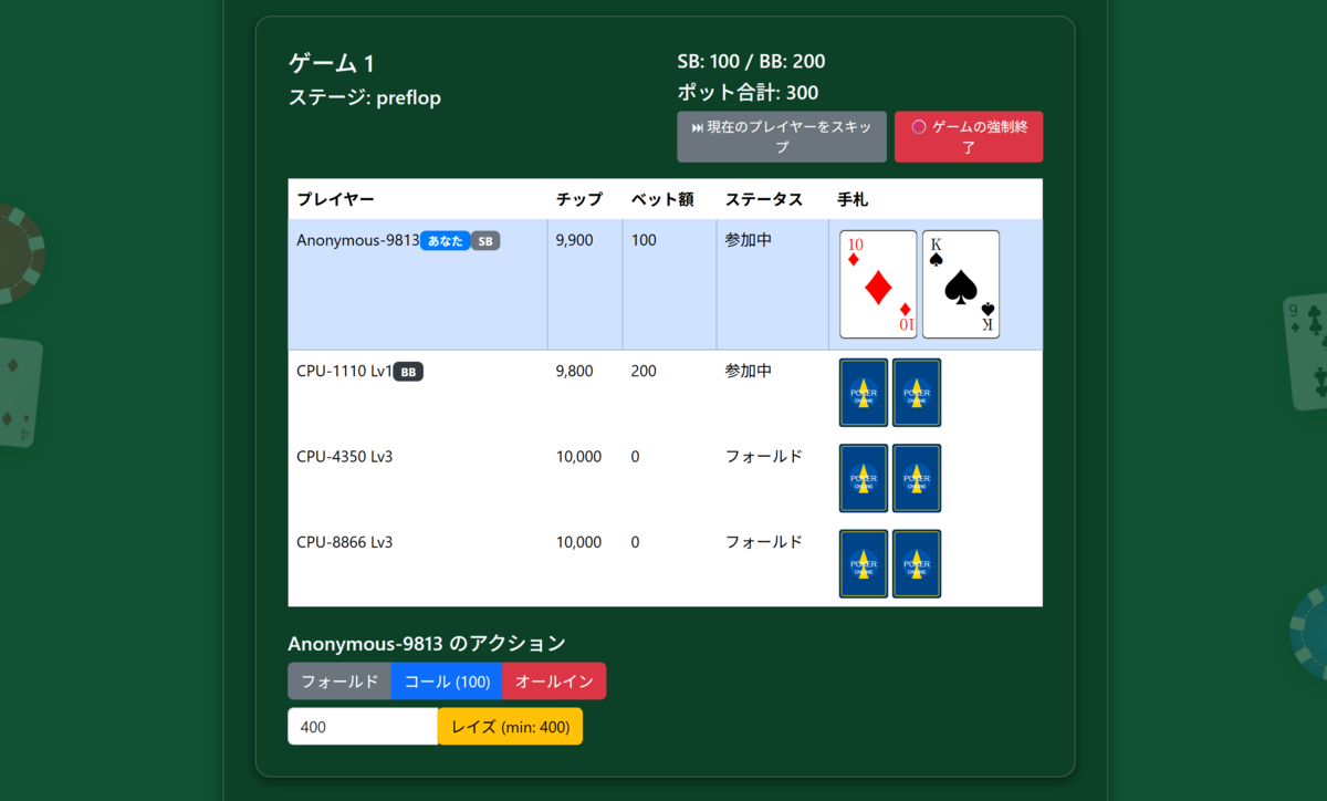 フォールド、チェック/コール、レイズ（金額を指定）、オールインを選択し、ゲームを進める。全員のアクションが終わったら、カードをめくるボタンを押して進める。