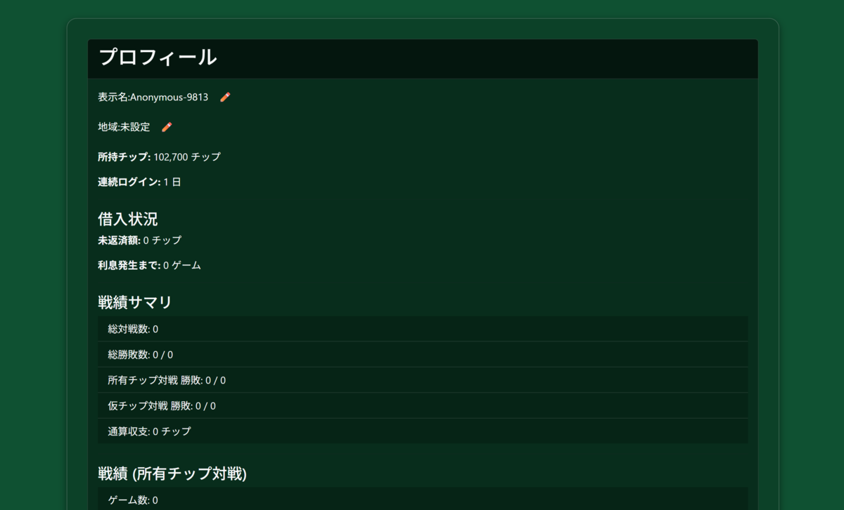 ログインすると、所持チップや戦績などのプロフィールを確認できます。また、表示名と地域を変更できます。