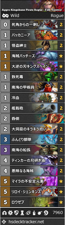 キングスベイン海賊ローグ F2k Control Rastakhan Wild Aggro Kingsbane Pirate Rogue ハースストーン ワイルド デッキ Wild Everyday