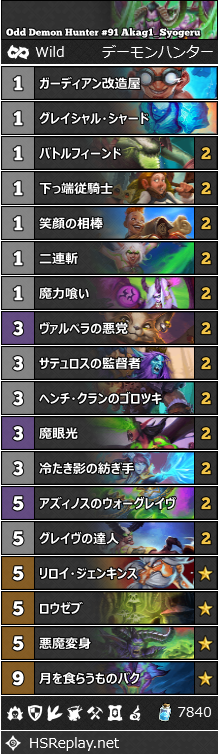 奇数デーモンハンター Akag1 Syogeru 降魔の狩人 ワイルド レジェンド91位 ハースストーン ワイルド デッキ Wild Everyday