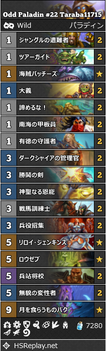 ツアーガイド 奇数パラディン Taraba スクロマンス ワイルド レジェンド22位 ハースストーン ワイルド デッキ Wild Everyday
