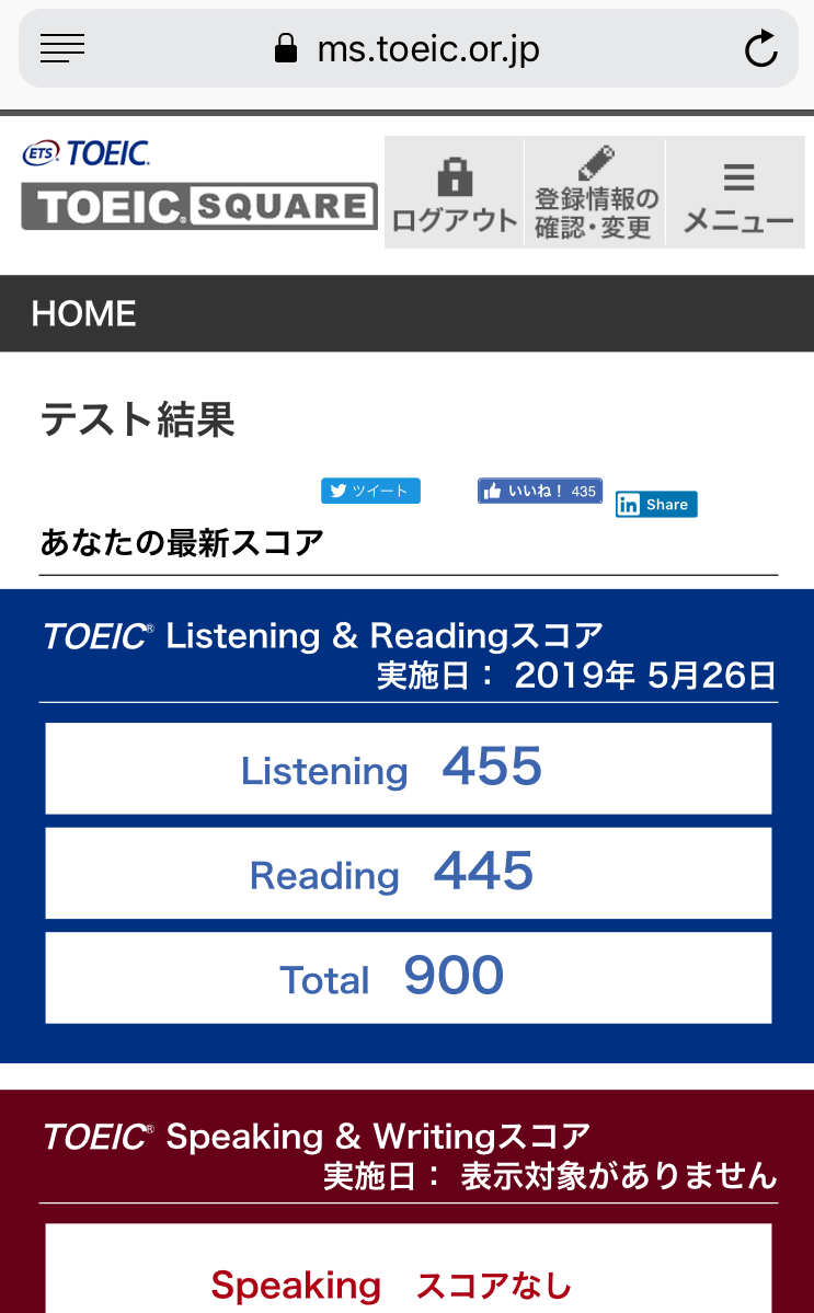 2019/5/26のTOEICスコア