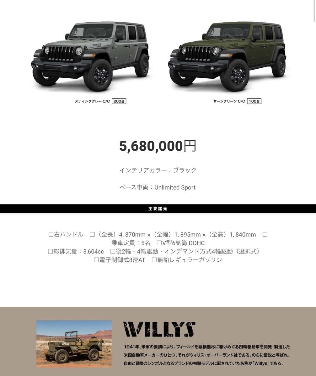 限定車】ジープラングラースポーツ「ウィリス」2021ver. - じー