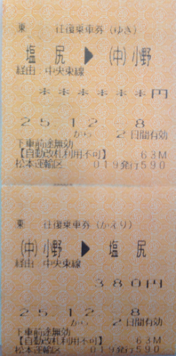 kippu.biz◆JR券★中央本線・小野駅(140円券・平成元年) 中央本線小野駅 - きっぷメモ。