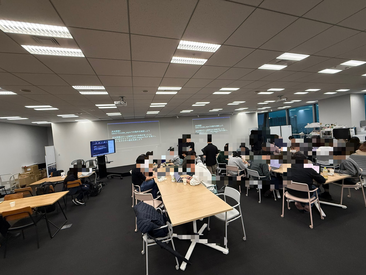 ワークショップを行っている写真。AWS社の方が講義をしメンバーが座学を行っている。