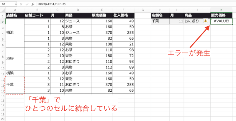 結合セルが含まれているためエラーが発生する