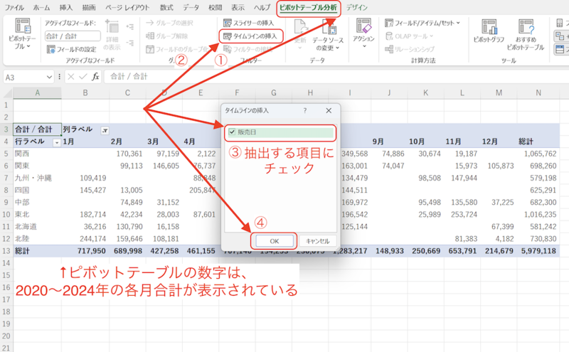 ピボットテーブルのタイムライン機能
