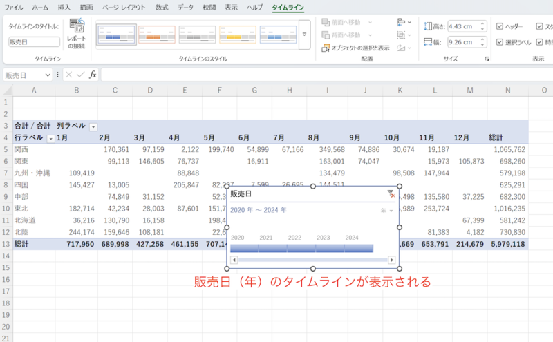 「年」のタイムラインが表示される